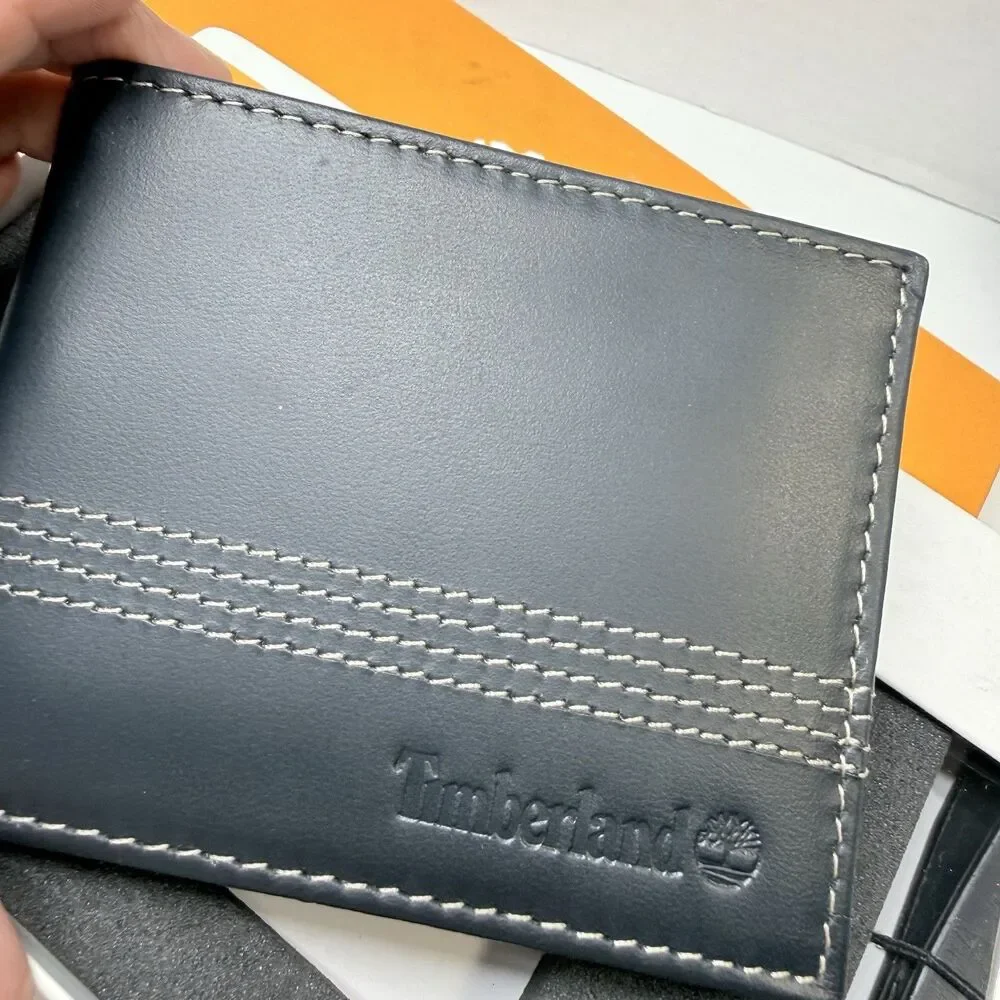 Timberland Black Leather Bifold Wallet With Matching Key Fob Gift Set New